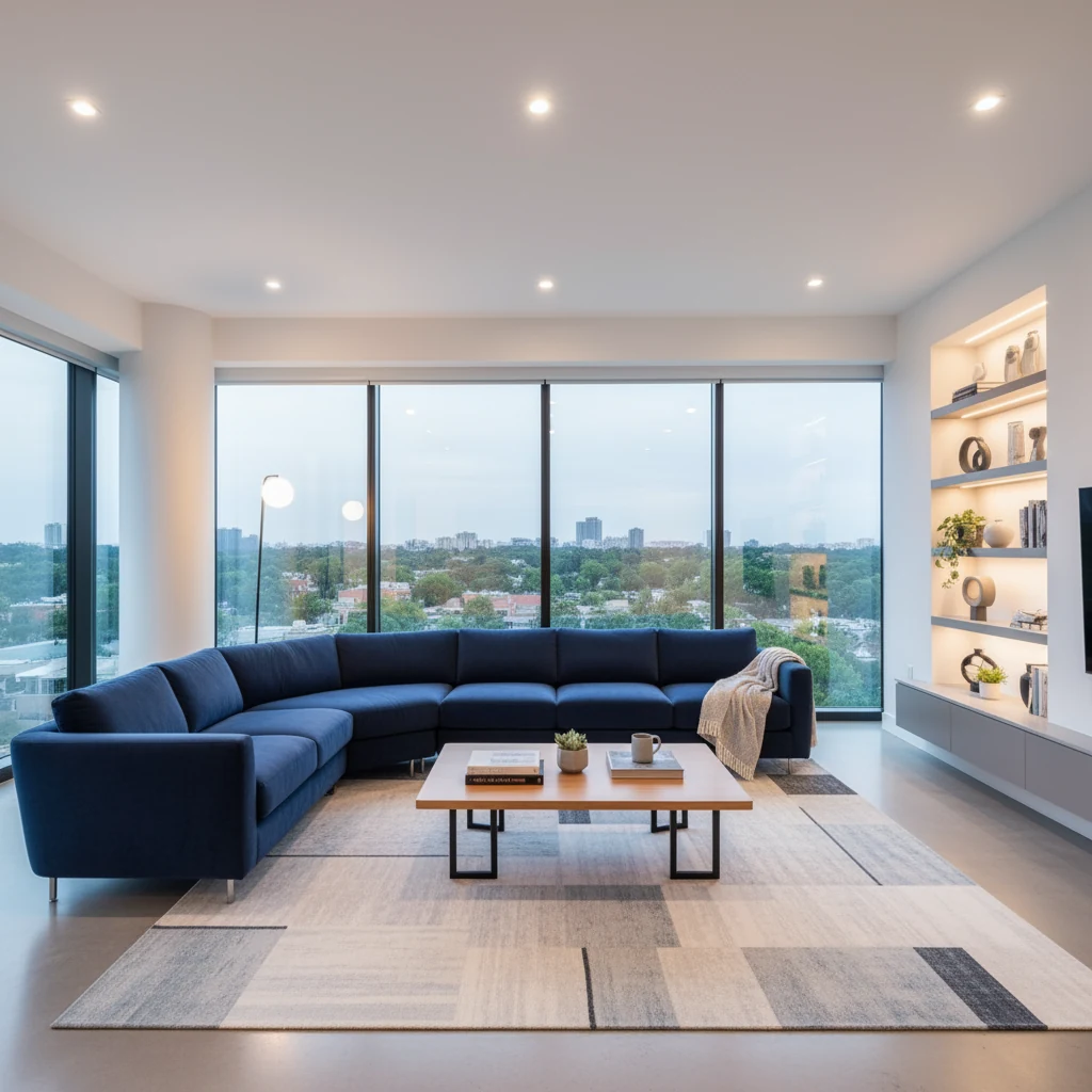 Input 1: living room with the original blue sofa