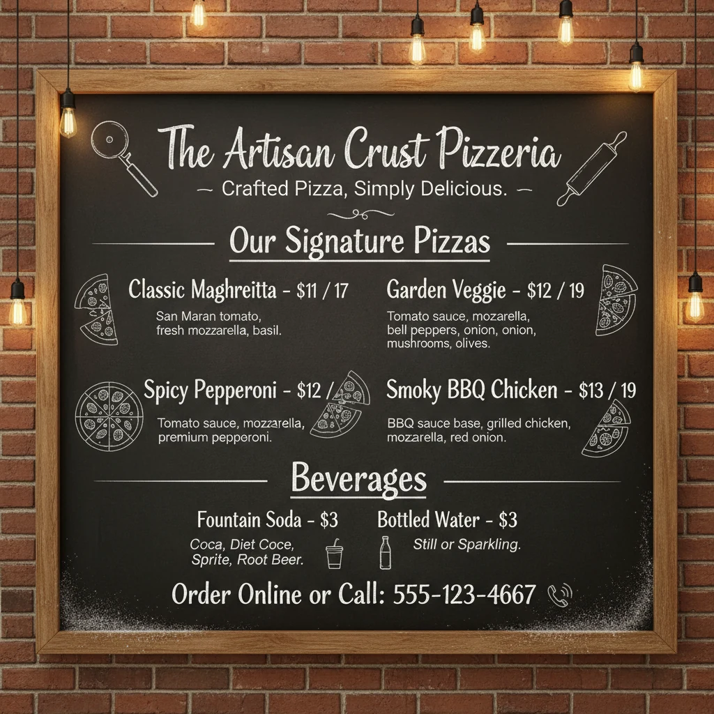 An artisan pizzeria menu — published generated result