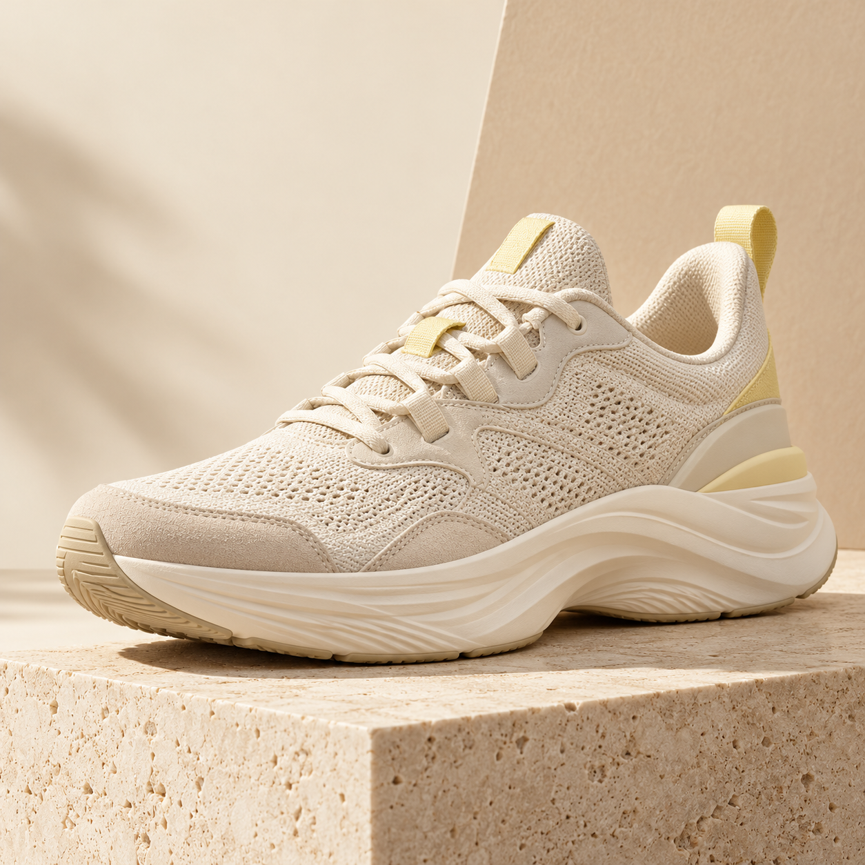 Cream knit sneaker with warm light and sculptural paper shapes