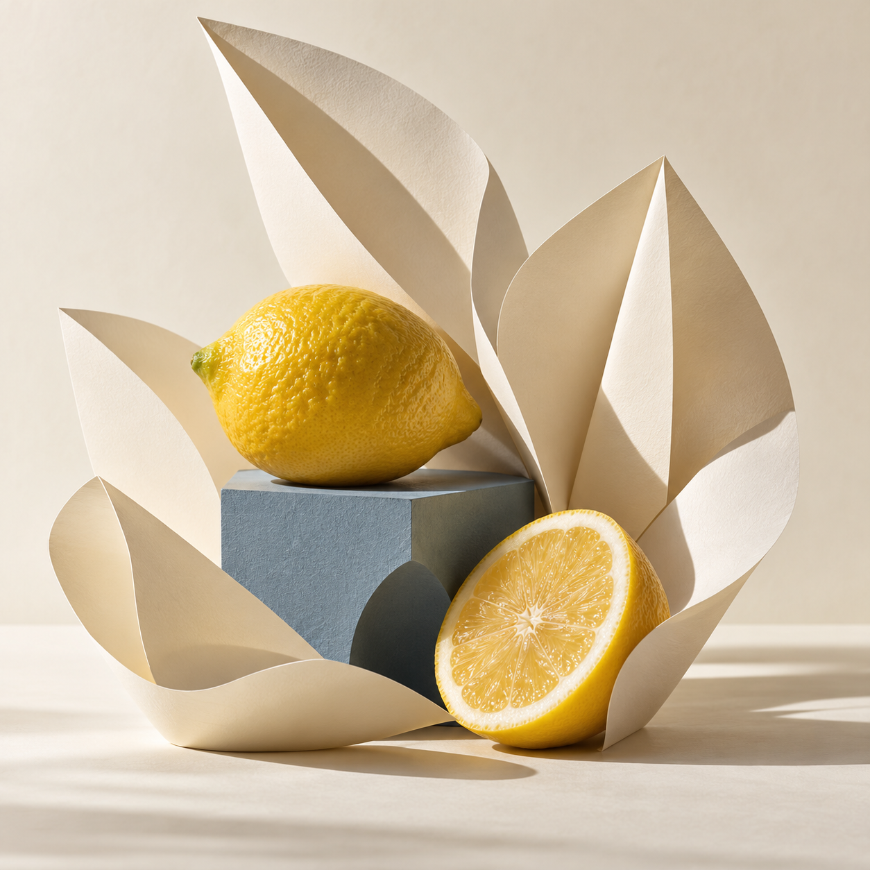 Lemons balanced with a blue cube and folded ivory paper